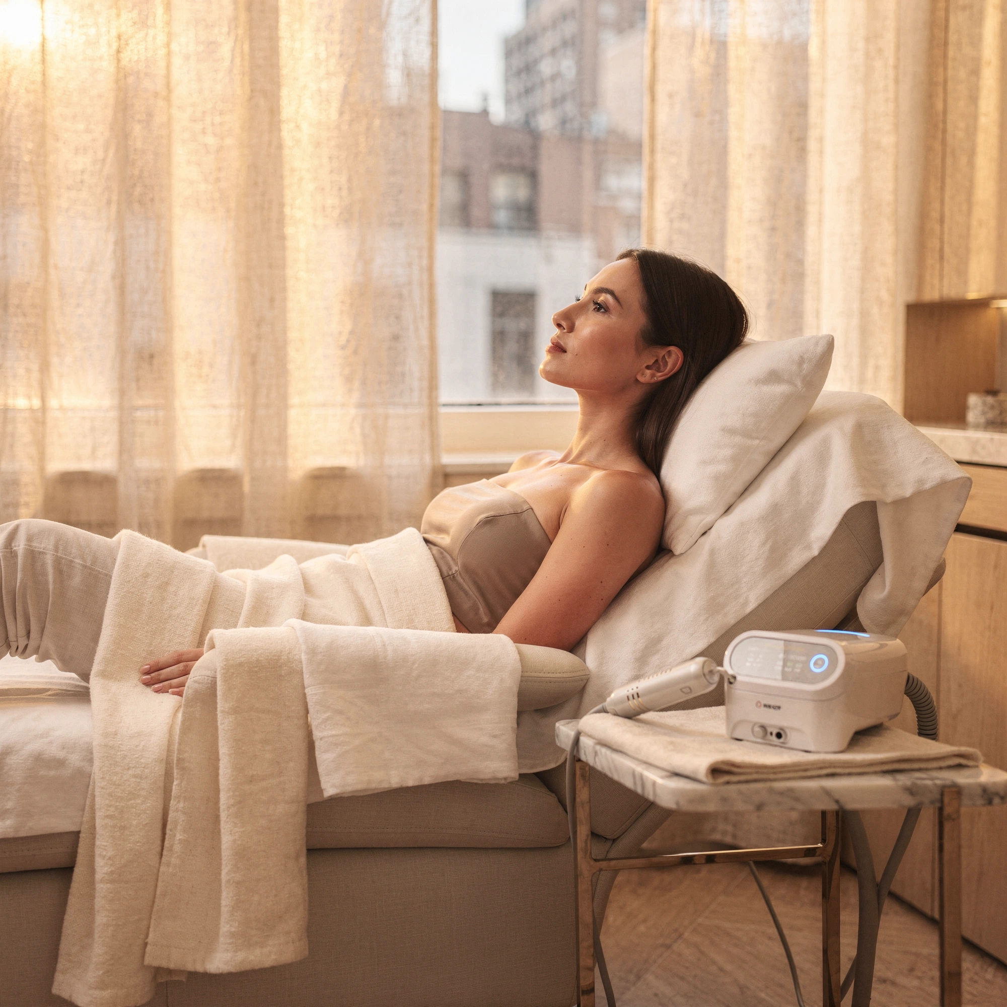 Woman relaxing on a treatment bed with a laser skin resurfacing device on a nearby table in a bright East Village clinic